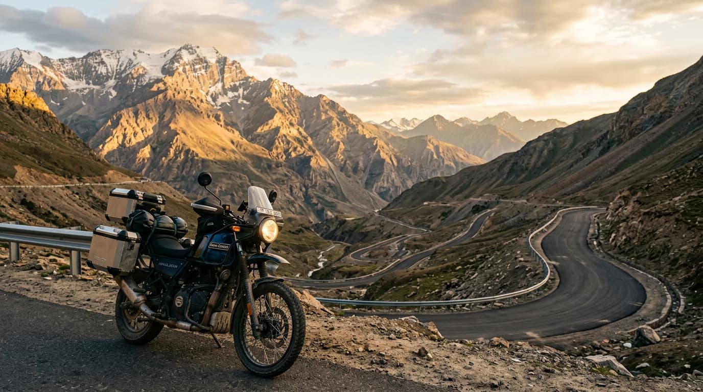 Royal Enfield Himalayan adventure motorcycle parked on a scenic mountain road pass
