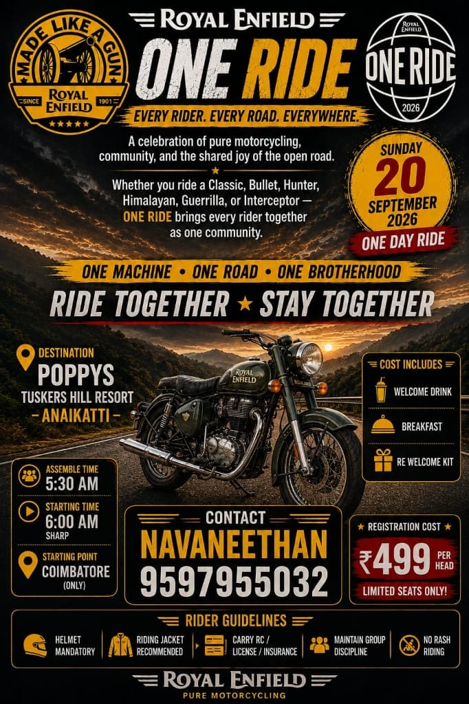 Royal Enfield One Ride poster for Poppy's Tuskers Hill Resort, Anaikatti