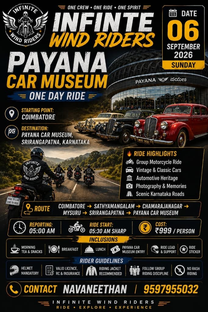 Infinite Wind Riders Payana Car Museum one day ride poster