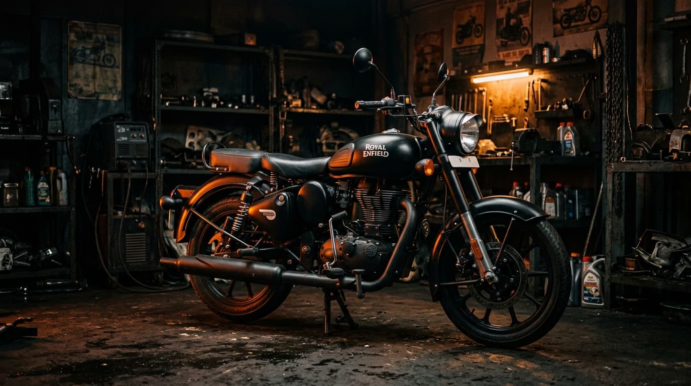 Black Royal Enfield Classic 350 motorcycle parked in a dark garage workshop